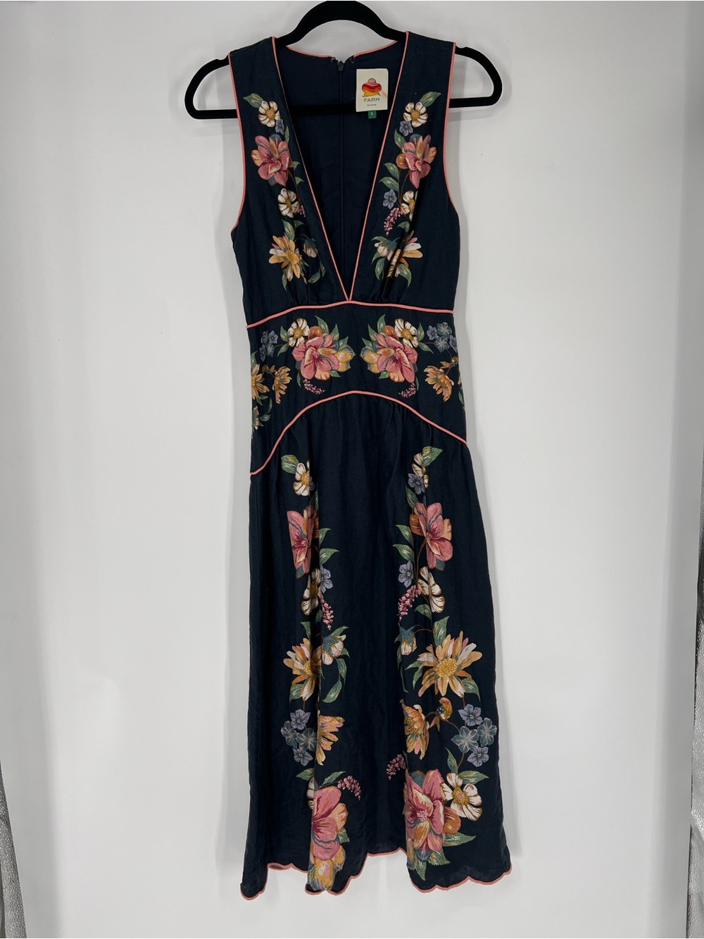 Farm Rio Linen Navy Floral Drop Waist Sleeveless Scalloped V Neck Midi Dress S